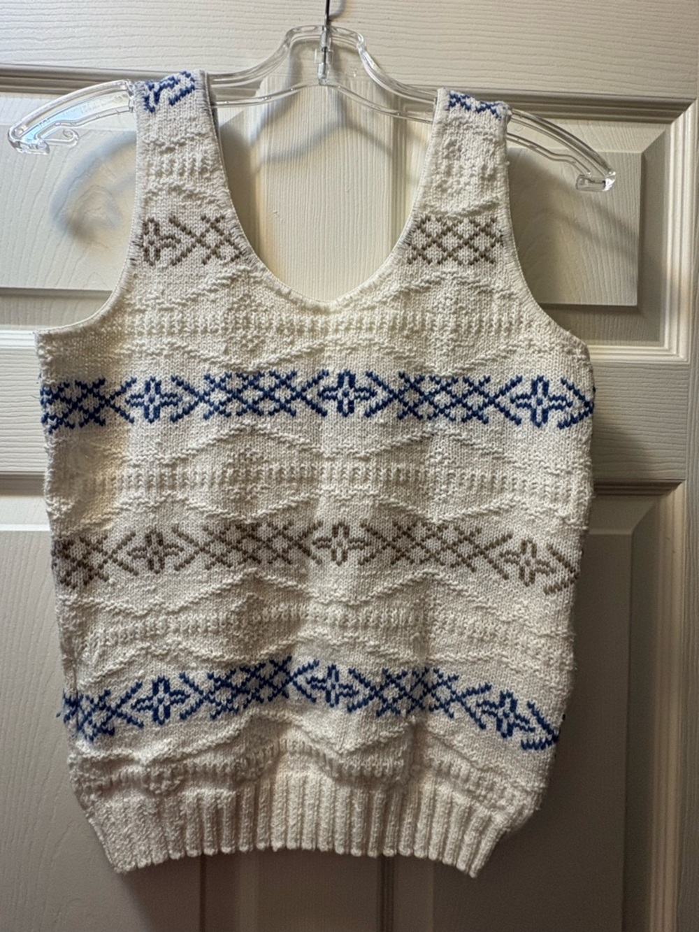 Savannah Cream Knit Tank with Blue and Brown Fair Isle Accents